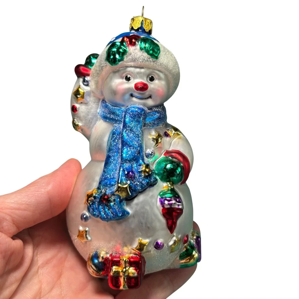 Vintage White Glittered Glass Snowman Blue Scarf Christmas Ornament